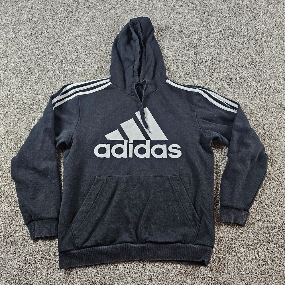 Adidas Hoodie Mens Large Black 3 Stripe Logo Sweatshirt Pullover Pocket Athletic